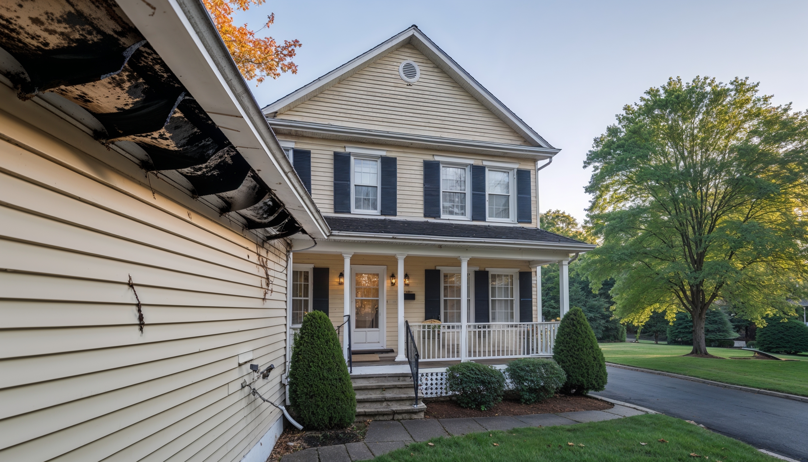 Old sagging gutters with overflow stains before replacement