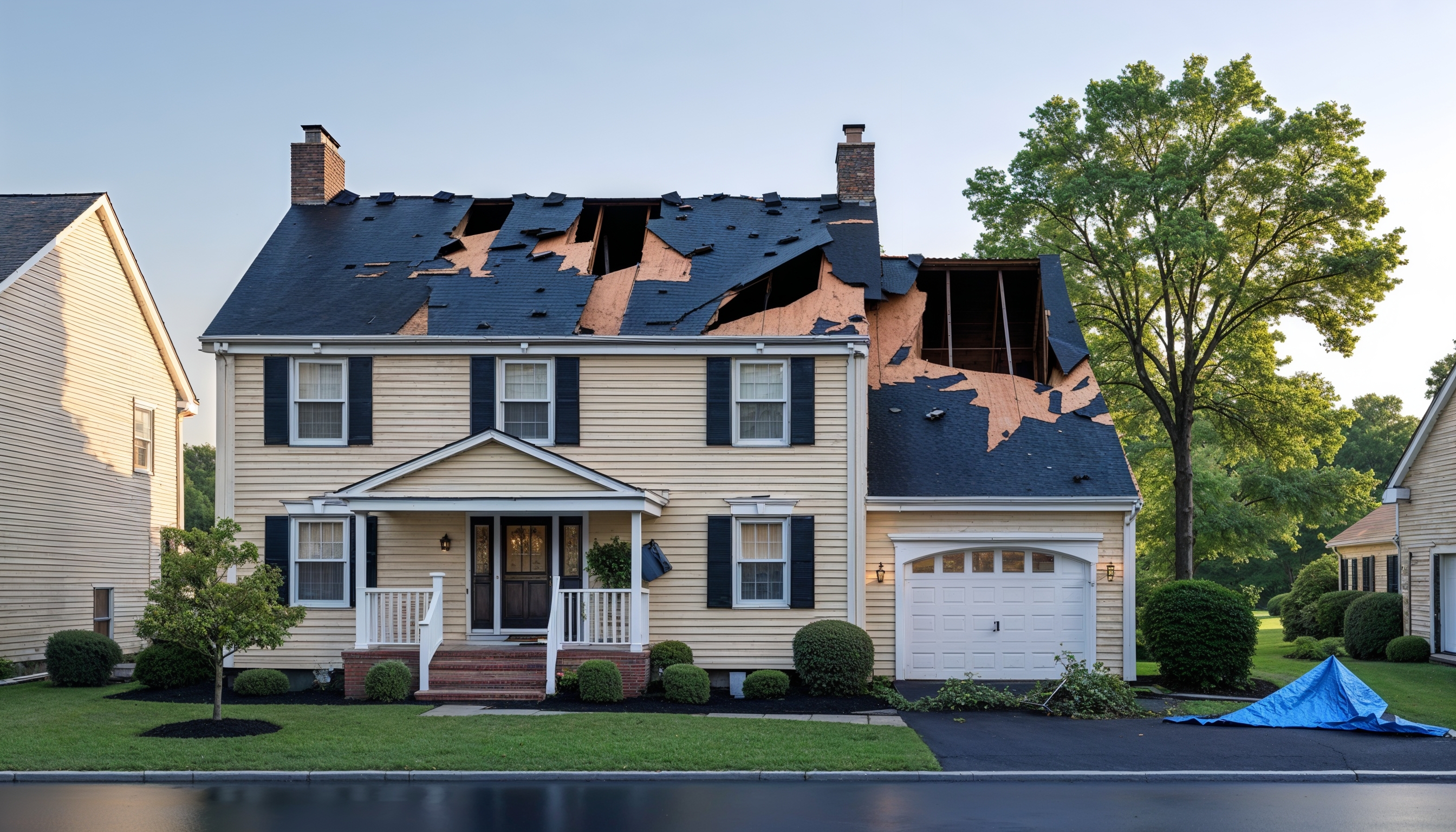Storm damaged roof with missing shingles before repair