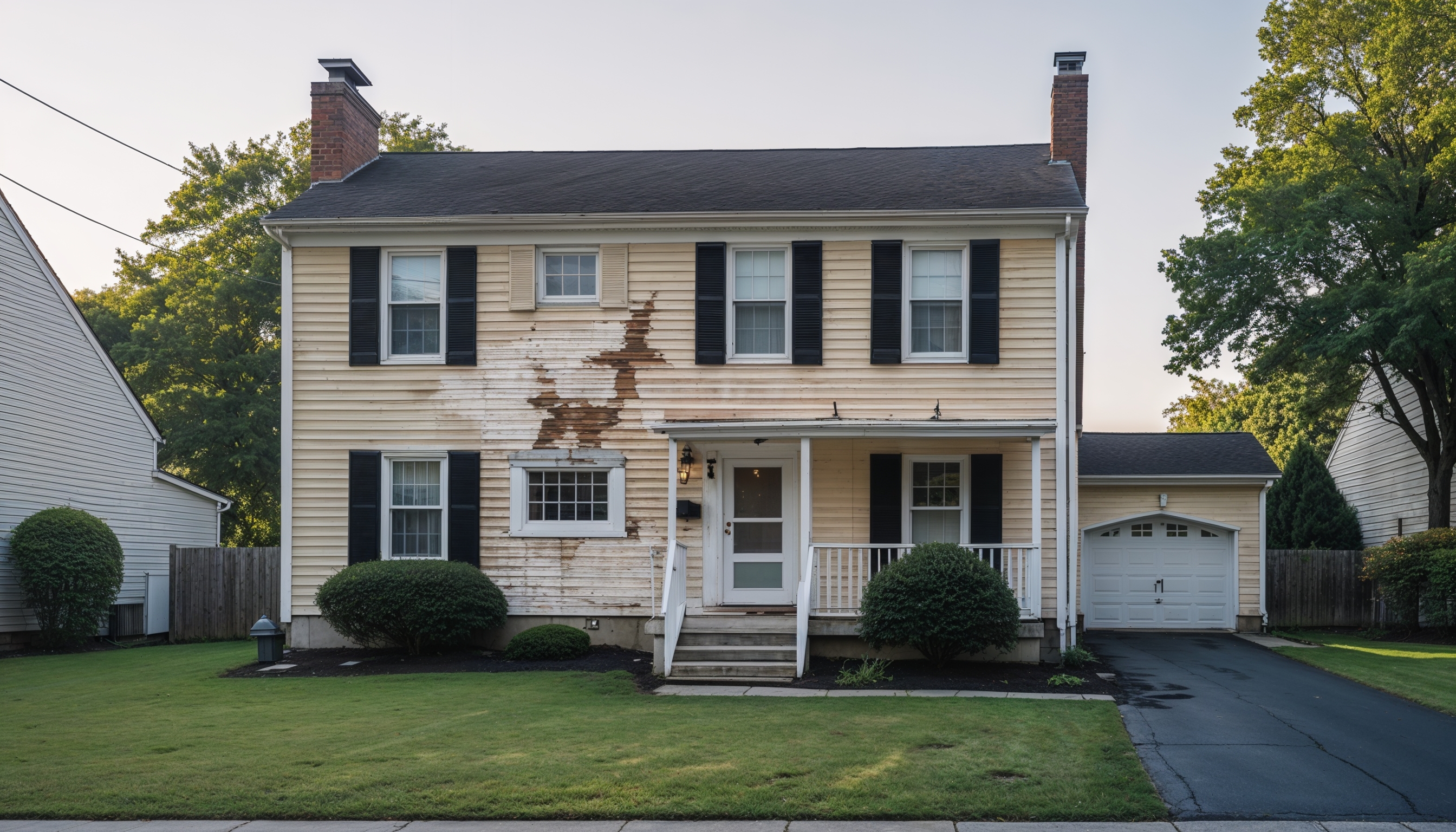 Faded and damaged vinyl siding before replacement